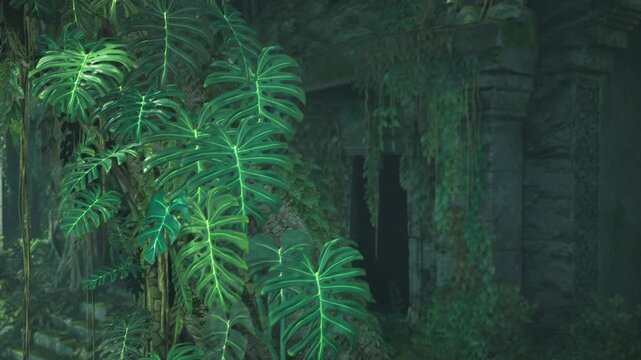 secret garden ruin at dusk with emerald plants and soft glow, winding pathway and shadowed alcoves evoke hidden refuge and nostalgic atmosphere for lifestyle