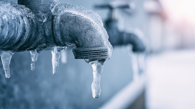 Close-up of frozen outdoor water tap with icicles hanging and dripping cold water during winter freeze in metal pipe line system