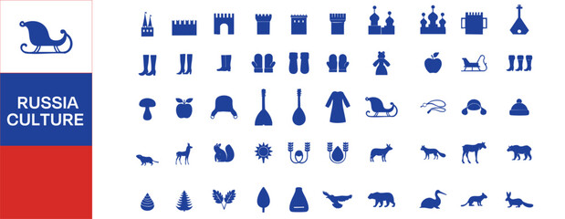 Russian Culture Icons Blue Flat Vector Illustration Collection set © G. Rabbani
