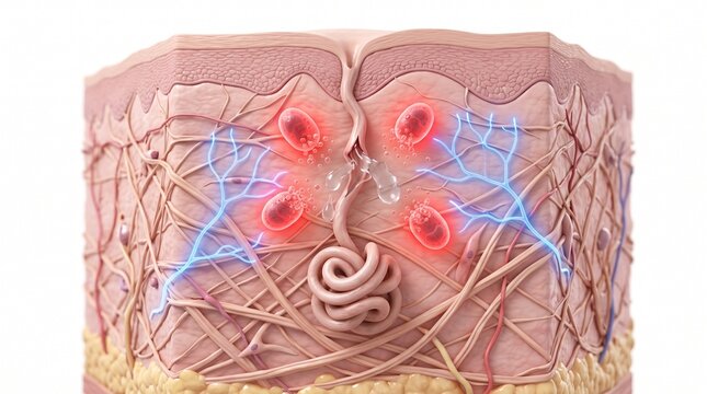 3D Microscopic Diagram of Sweat Gland Leakage Triggering Cholinergic Urticaria