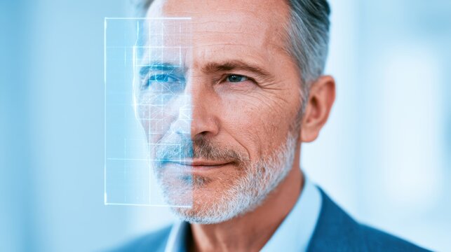 Middle aged man undergoing futuristic facial recognition scan with digital interface showing technology and biometric security concept in blue background