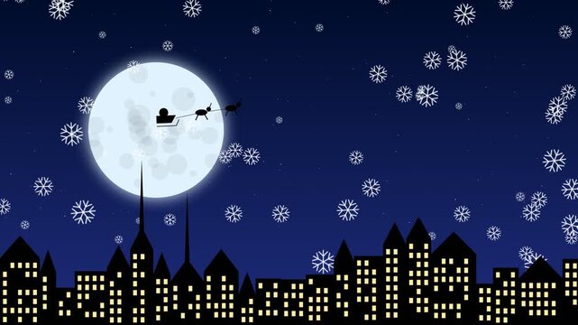 Santa claus flying in sleigh over city skyline at night with falling snow