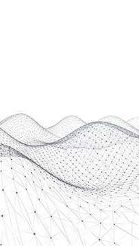 A grayscale illustration of a wavy, grid-like landscape with connected dots and lines