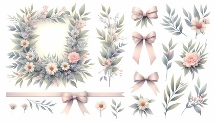 Fototapeta premium A watercolor modular border set with botanical elements that can be arranged in multiple configurations, Ai generated image