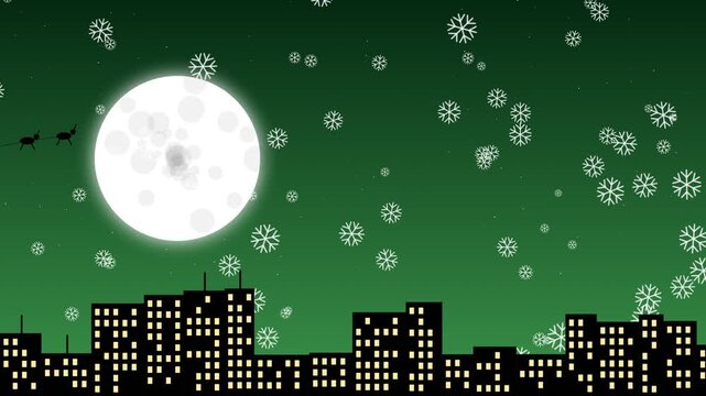 Santa claus sleigh flying over city skyline with falling snowflakes and full moon