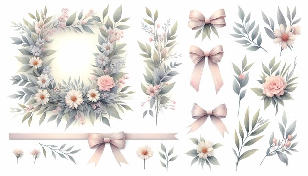 A watercolor modular border set with botanical elements that can be arranged in multiple configurations, Ai generated image