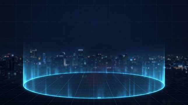 glowing geofencing boundary materializing in urban night skyline technology concept