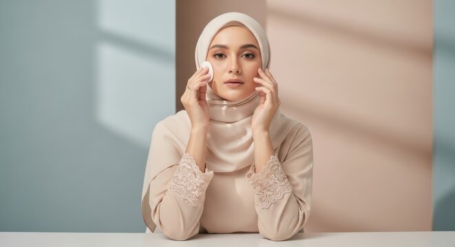 Beautiful woman in hijab applying skincare product with cotton pad