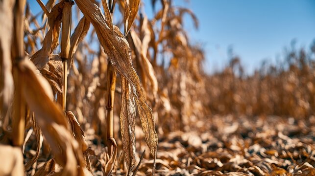 Close-up view of dry withered corn stalks and leaves in an agricultural field during late autumn season under clear blue sky