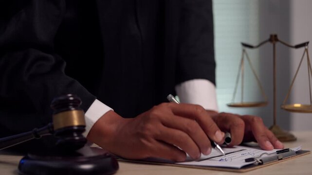 Lawyer Signing Legal Documents with Gavel and Scales of Justice in Modern Law Office