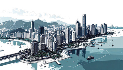 Fototapeta premium Modern Cityscape with Busy Highway and Waterfront Reflection