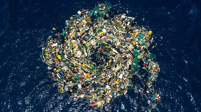 Aerial view of a large plastic garbage patch swirling in the blue ocean