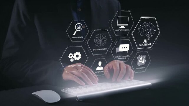 AI learning system involves deep learning, supervised machine learning, and natural language processing. AI learning diagram shows how AI advances learn in automation and data processing. Elide