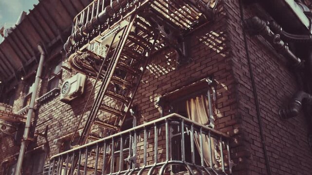 closeup of ornate tenement fireescape and decorative cornice, warm tones and strong texture emphasize historic metalwork, window frames and aged masonry
