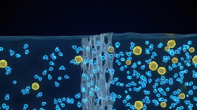 water molecules crossing semipermeable membrane in osmosis visualization