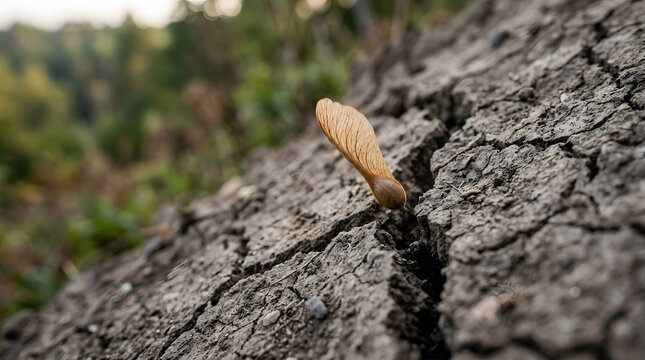 Maple Seed Stuck in Deep Crack of Dry Bark with Soft Forest Background Symbolizing New Life Growth