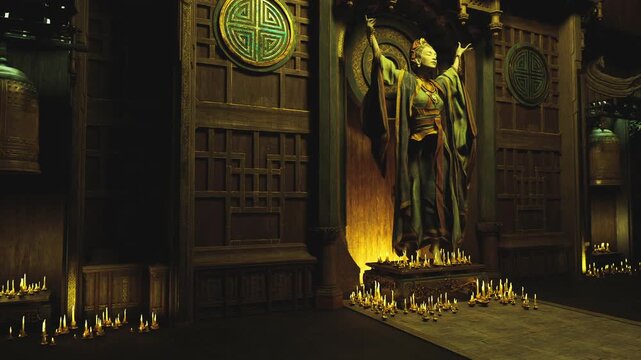 golden guardian statue altar lit by candles, ornate temple interior with rows of votive flames, carved wood panels, bronze reliefs, hushed atmosphere and warm
