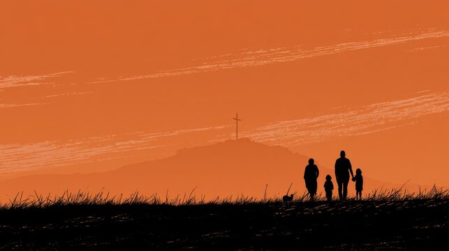 Silhouetted family with dog walking on grassy hill at sunset with distant hill and cross under orange sky background