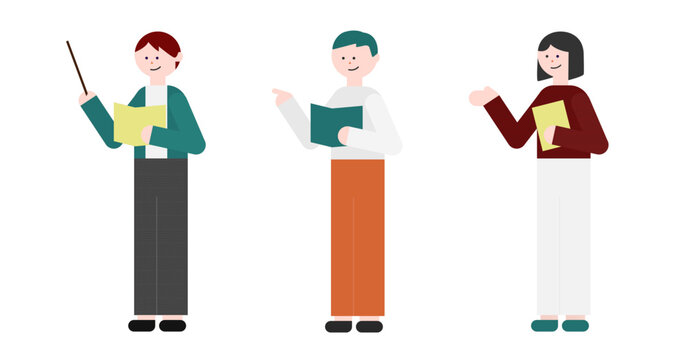 Seminar presenters flat vector illustration set, teacher pointing and explaining