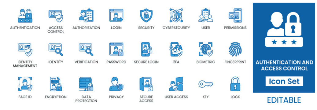 Professional authentication and access control icon set for secure digital identity management