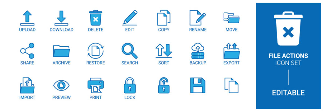 Clean file operations and data handling icon set for professional software and web design.