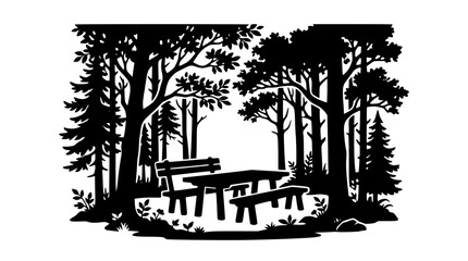Obraz premium Forest Picnic Area Silhouette with Table and Benches