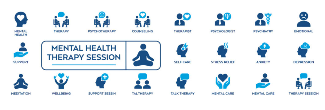 Mental health and therapy session icon set for psychological support and emotional wellbeing