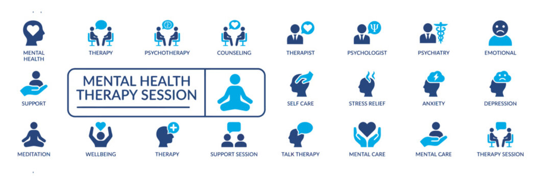 Mental health therapy session icon set featuring counseling and psychological support symbols