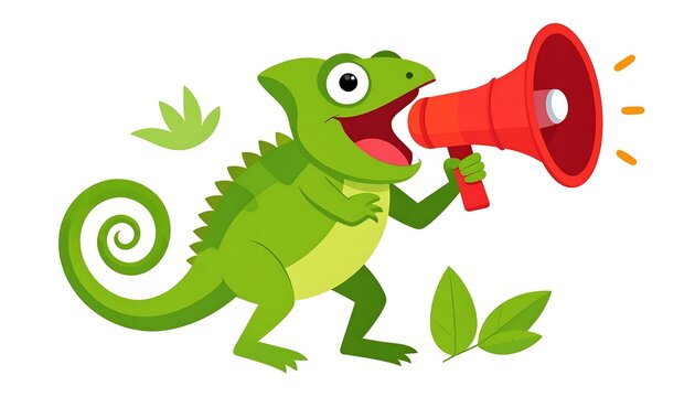 A green cartoon chameleon holds a red megaphone, surrounded by leaves