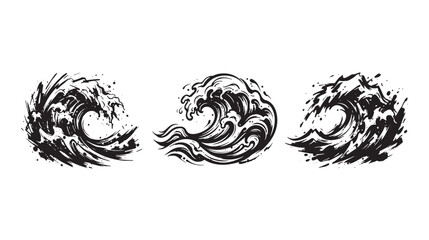Fototapeta premium Three distinct ocean wave in a graffiti black ink brush stroke style with splatter effects on a white background, for water themed