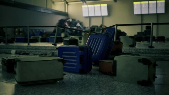 sunlit baggage pile beside conveyor bay, large windows casting long highlights, stacked suitcases and crates, morning cleaner presence implied, commuter stress