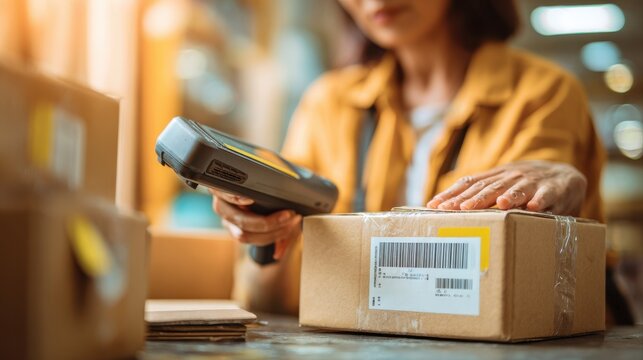 Female seller worker online store holding scanner scanning parcel barcode tag packing ecommerce post shipping box checking online retail store orders in dropshipping delivery service warehouse.
