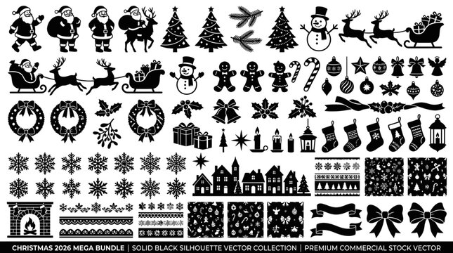 Black Christmas icons on white background.