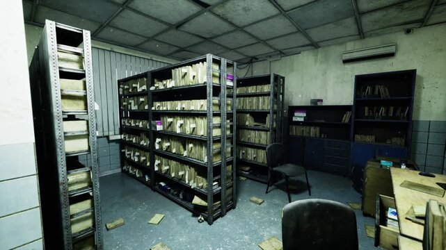 dim archive room with metal shelves, scattered boxes, flickering fluorescent lights, peeling ceiling tiles, dusty filing cartons, scattered paperwork, empty