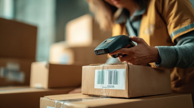Female seller worker online store holding scanner scanning parcel barcode tag packing ecommerce post shipping box checking online retail store orders in dropshipping delivery service warehouse.