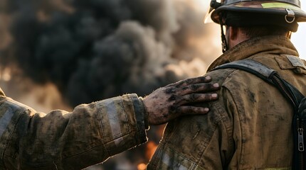 Fototapeta premium Firefighter Placing Sooty Hand on Colleague Shoulder to Support Team During Blazing House Fire