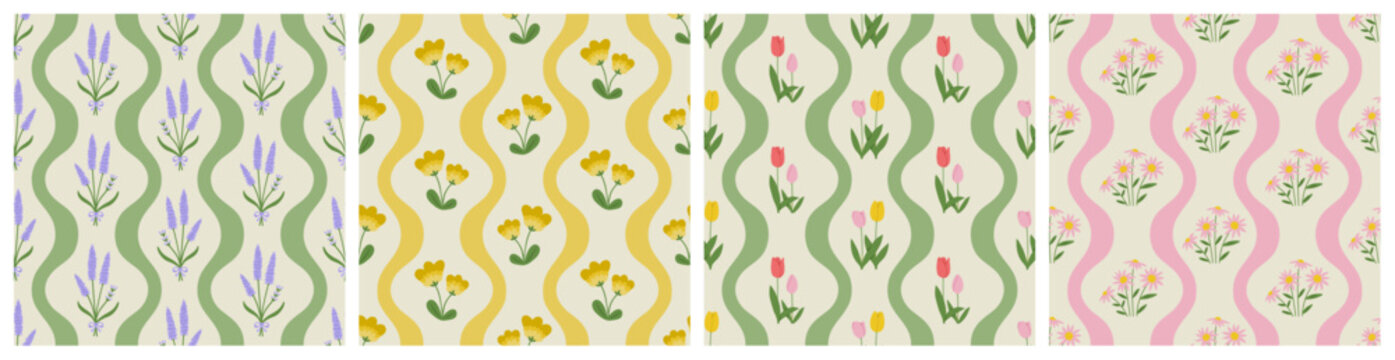 Vintage flower bouquet art seamless pattern illustration set. Retro nature floral background in hand drawn style. Spring season garden decoration texture, natural textile drawing print collection.