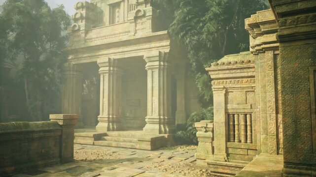 misty temple facade bathed soft dawn, ornate lintels and weathered steps, filigree reliefs half hidden by vines, gentle light shafts, tranquil exploration vibe