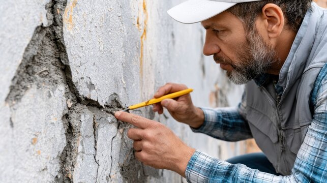 Skilled male professional inspecting cracked concrete wall surface using precision tool focused on damage and structural integrity in outdoor construction site