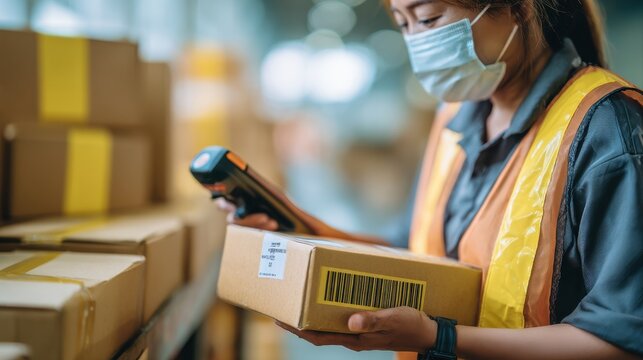 Female seller worker online store holding scanner scanning parcel barcode tag packing ecommerce post shipping box checking online retail store orders in dropshipping delivery service warehouse.