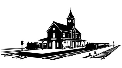 Naklejka premium Vintage Train Station Silhouette Illustration with Steam Engine