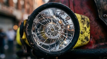 Fototapeta premium Damaged Yellow Industrial Flashlight with Shattered Glass Lens Covered in Dirt and Mud