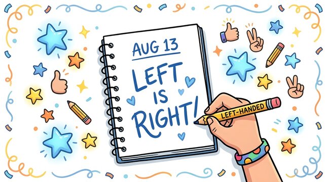International lefthanders day illustration with hand writing left is right in a notebook isolated on white background