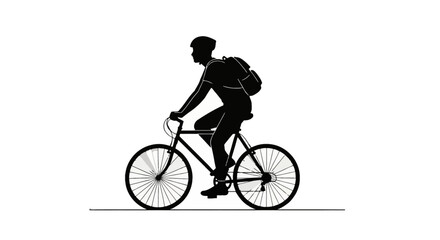 Obraz premium Black silhouette of a male cyclist wearing a safety helmet and a backpack riding a bicycle on a white background. Minimalist vector illustration of urban commuting and healthy lifestyle.