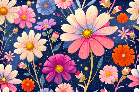 Colorful cosmos flowers seamless pattern blooming starry night sky