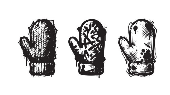 Three winter mittens with textured knit patterns and graffiti style ink markings isolated on a white background, for seasonal projects