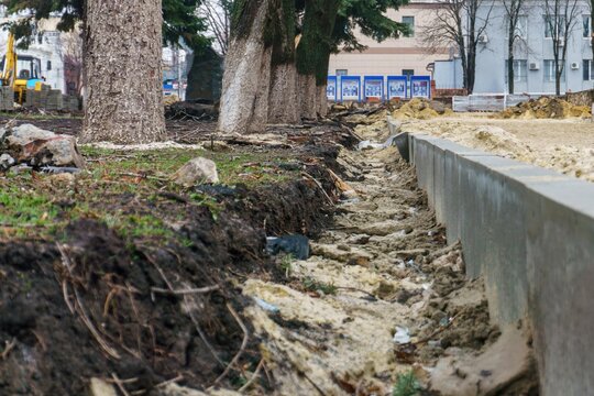 A sloppy, unfinished urban trench carved between a raised concrete curb and a row of whitewashed trees, filled with uneven mud, scattered rocks, and discarded plastic trash