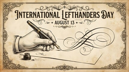 Vintage style illustration for international lefthanders day on august 13 with a hand writing with a fountain pen