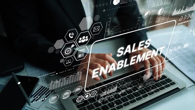 Businessperson Engaging with Digital Sales Enablement Interface on Laptop in Modern Office Setting. Asymptotic smart data analytic.