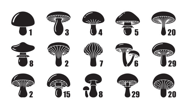 Detailed mushroom icon set with numeric indices for scientific classification references.